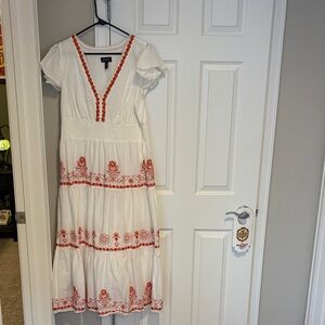 Adrianna Papell White Midi Dress with Burnt Orange Embroidery